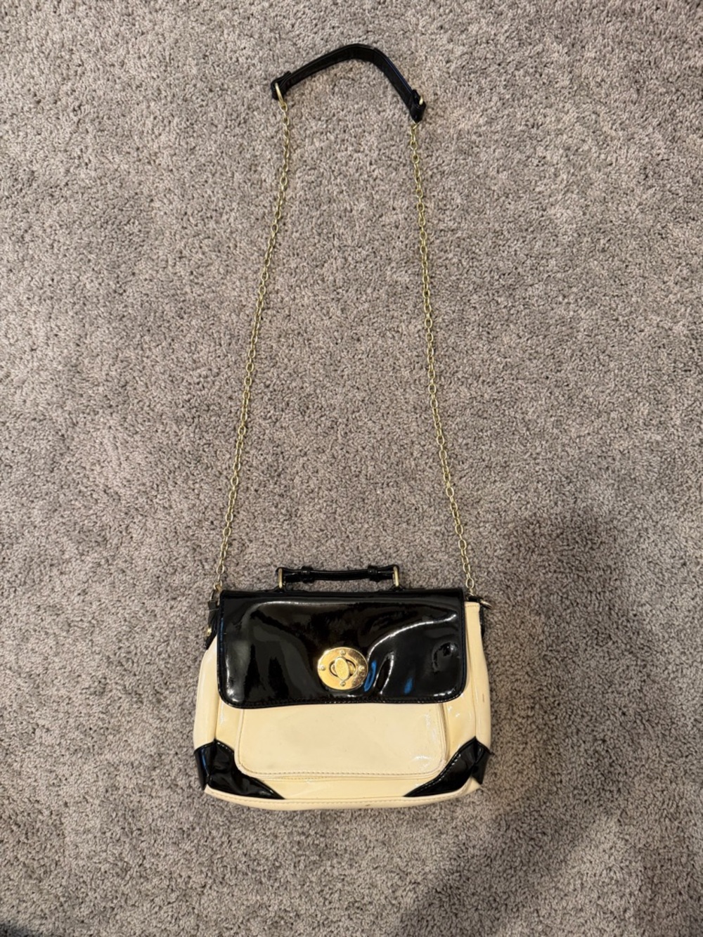 Black and Cream Patent Steve Madden Top-Handle Crossbody Bag